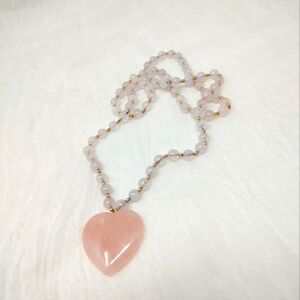 Semi-precious rose quartz heart pendant, round bead necklace
